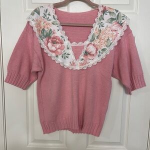 Vintage Matthew & David Floral Granny Laced Pink 3/4 Sleeve Sweater Size M